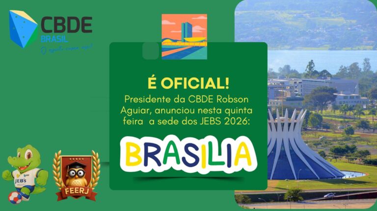 É oficial!
Na tarde desta quinta-feira, em Brasília, o presidente da CBDE, Robson Aguiar, apresentou oficialmente a sede dos JEBs 2026.

A capital do Brasil será o palco de mais uma edição histórica dos Jogos Escolares Brasileiros, reunindo tradição, organização e a certeza de um momento único para os nossos alunos-atletas.

📍 Setembro de 2026
🏛 Brasília será a capital do Desporto Escolar brasileiro, celebrando talentos, sonhos e o futuro do esporte nacional.