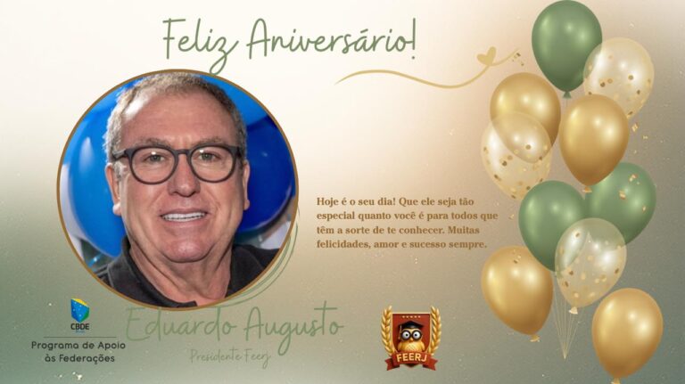 Hoje o dia amanheceu diferente.
É dia de celebrar a vida de um homem que dedica o coração, o tempo e a alma ao desporto escolar.

Eduardo Augusto, nosso presidente, exemplo de liderança, compromisso e amor pelo que faz. Um verdadeiro mestre, incansável na luta pelo fortalecimento do esporte escolar estadual e nacional.

Nós, da FEERJ, agradecemos por cada batalha enfrentada, por cada sonho defendido e por nunca desistir de acreditar no poder transformador do esporte.

Que Deus lhe conceda muita saúde, paz, proteção e ainda muitos e muitos jogos pela frente.

Feliz aniversário! Parabéns por sua história, sua entrega e sua grandeza.
