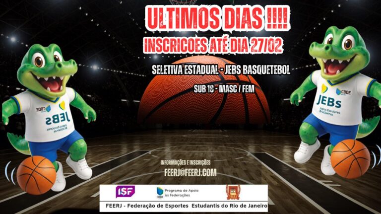 🚨🏀 ÚLTIMOS DIAS!!! 🏀🚨

As inscrições para a Seletiva Estadual – JEBS Basquetebol estão chegando ao fim! ⏰🔥

📅 Até dia 27/02 você ainda pode garantir sua vaga e representar o seu estado na maior competição escolar do país!

É hora de mostrar talento, garra e paixão pelo basquete! 💪🏽🏀
Não deixe para a última hora!

📩 Informações e inscrições: feerj@feerj.com

Vamos juntos fortalecer o desporto escolar!
O esporte começa aqui! 🇧🇷🔥

#JEBS #DesportoEscolar #FEERJ #CBDE EsporteEscolar RumoAoJEBS