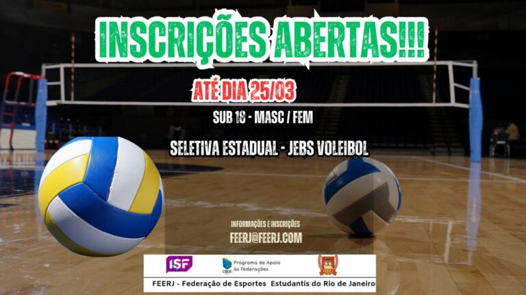 INSCRIÇÕES ABERTAS!

Atenção atletas e escolas!
Estão abertas as inscrições para a Seletiva Estadual dos JEBS – Voleibol Sub-18 (Masc. e Fem.).

É hora de mostrar talento, dedicação e representar sua escola em uma das maiores competições do esporte escolar do país. 💪🔥

📅 Inscrições até: 25/03

Garanta sua participação e venha fazer parte desse grande evento do esporte estudantil!

📩 Informações e inscrições:
feerj@feerj.com

#Voleibol #JEBS #DesportoEscolar #EsporteEscolar #Vôlei #Sub18