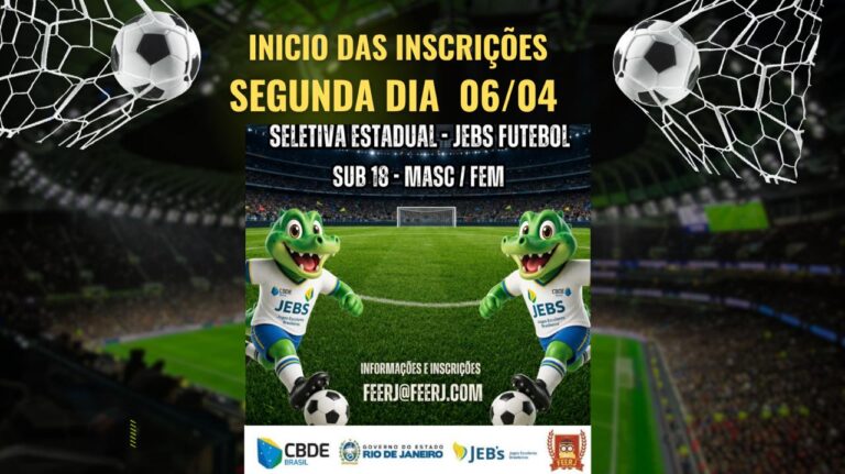SELETIVA FUTEBOL JEBS 2026 🔥⚽  Chegou a hora de mostrar seu talento dentro das quatro linhas! 💪🏽⚽  📣 Início das inscrições: 🗓️ Segunda-feira, dia 06 de abril  Se você sonha em representar sua escola e ir longe no esporte, essa é a sua chance! 🚀  🏆 Seletiva Estadual – JEBS Futebol 👥 Sub 18 | Masc / Fem  Não fica de fora! Chama o time, se prepara e vem fazer parte desse grande jogo! 🔥⚽  📩 Informações e inscrições: feerj@feerj.com  #JEBS2026 #Futebol #SeletivaEstadual