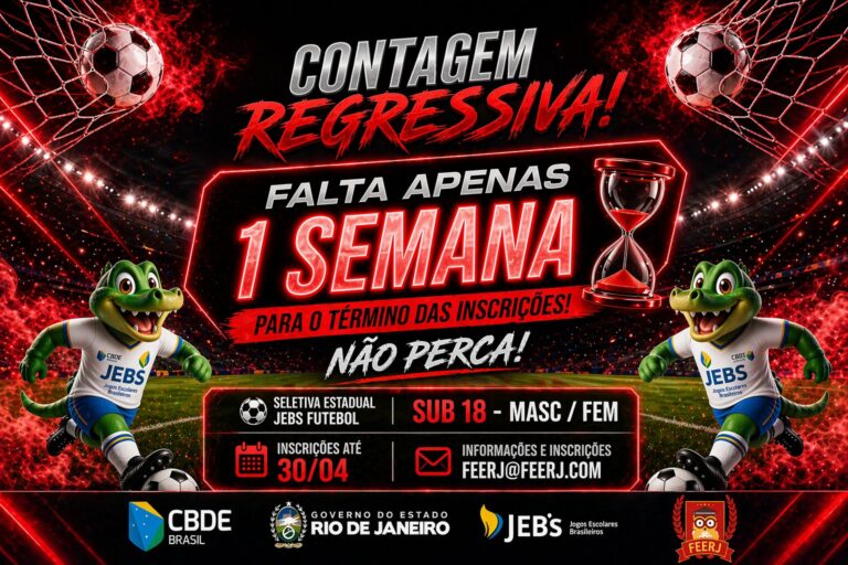 Falta apenas 1 semana para o encerramento das inscrições!

⚽ Seletiva Estadual – JEBs Futebol
🏆 Sub 18 | Masc / Fem

Não deixe para a última hora!
Essa é a sua chance de representar, competir e viver uma experiência única no esporte escolar.

🔥 O jogo começa antes do apito… e quem se antecipa sai na frente!

📅 Inscrições até 30/04
📩 feerj@feerj.com

❗ NÃO PERCA ESSA OPORTUNIDADE

#JEBs #Futebol #ÚltimaSemana