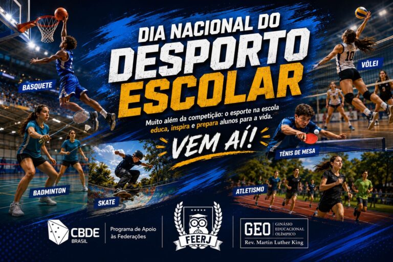 Vem aí! Dia Nacional do Desporto Escolar  Muito além das quadras e competições, o desporto escolar transforma vidas, ensina valores e inspira sonhos. É através do esporte que nossos alunos aprendem sobre disciplina, respeito, trabalho em equipe, superação e dedicação para os desafios dentro e fora da escola.  Cada treino, cada jogo e cada conquista representam oportunidades de crescimento, amizade e formação cidadã.  A FEERJ segue firme no compromisso de fortalecer o esporte escolar e incentivar nossos jovens a acreditarem no poder da educação através do esporte.