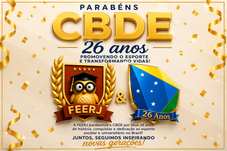 Há 26 anos, a CBDE transforma vidas através do esporte, da educação e da formação de gerações. Hoje celebramos uma trajetória marcada por conquistas, dedicação e pelo fortalecimento do desporto escolar em todo o Brasil. A FEERJ tem orgulho de caminhar ao lado dessa história, incentivando sonhos, revelando talentos e construindo oportunidades para milhares de estudantes-atletas. Parabéns, CBDE, pelos seus 26 anos de excelência, compromisso e inspiração! Que essa parceria continue levando o esporte escolar cada vez mais longe. Juntos, seguimos inspirando novas gerações! ❤️